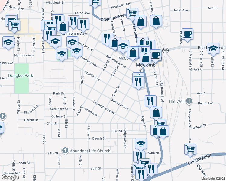 map of restaurants, bars, coffee shops, grocery stores, and more near 406 South 4th Street in McComb