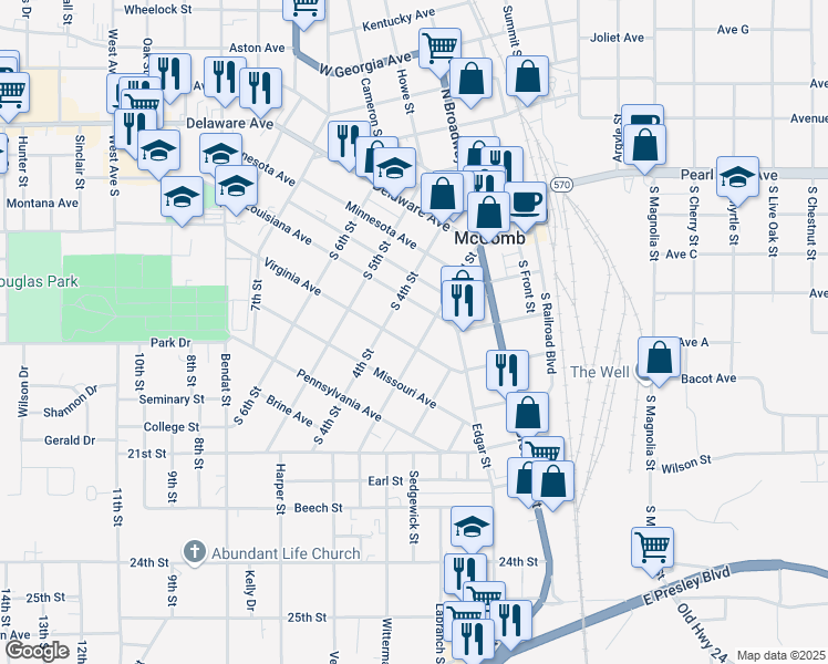 map of restaurants, bars, coffee shops, grocery stores, and more near 424 3rd Street in McComb
