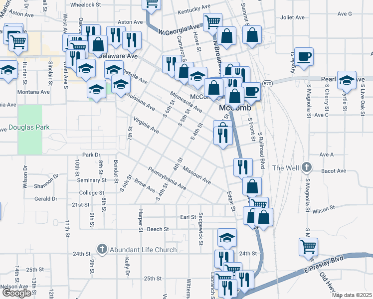 map of restaurants, bars, coffee shops, grocery stores, and more near 400 South 4th Street in McComb