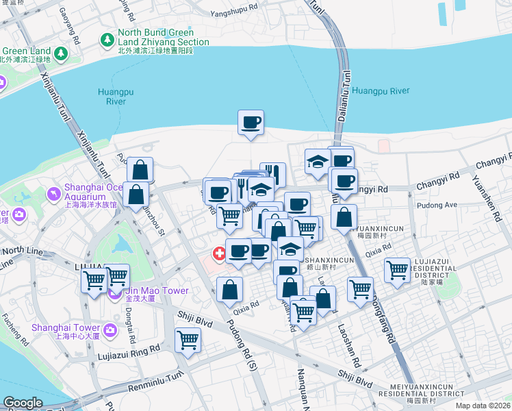 map of restaurants, bars, coffee shops, grocery stores, and more near 94号 Changyi Road in Shanghai