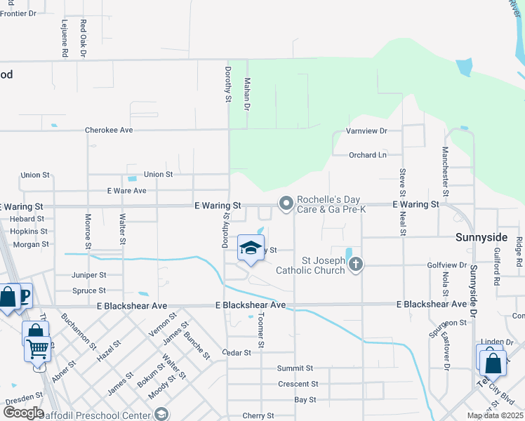 map of restaurants, bars, coffee shops, grocery stores, and more near 812 East Waring Street in Waycross