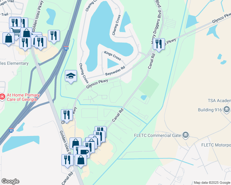 map of restaurants, bars, coffee shops, grocery stores, and more near 1530 Sawgrass Village Parkway in Brunswick