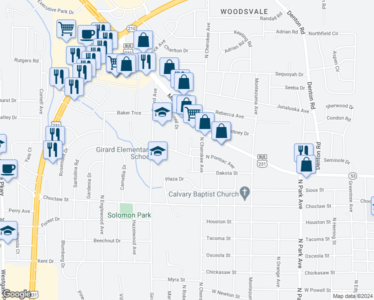 map of restaurants, bars, coffee shops, grocery stores, and more near 103 Azalea Terrace in Dothan