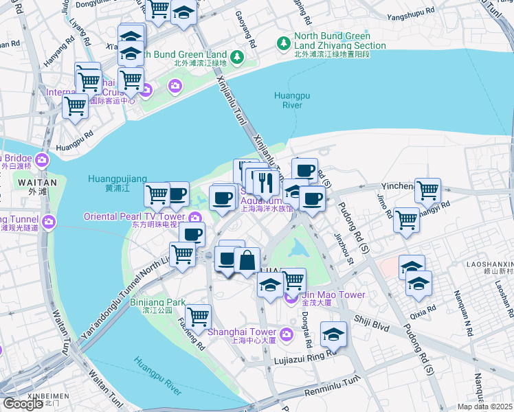 map of restaurants, bars, coffee shops, grocery stores, and more near 1233 Lu Jia Zui Huan Lu in Shanghai
