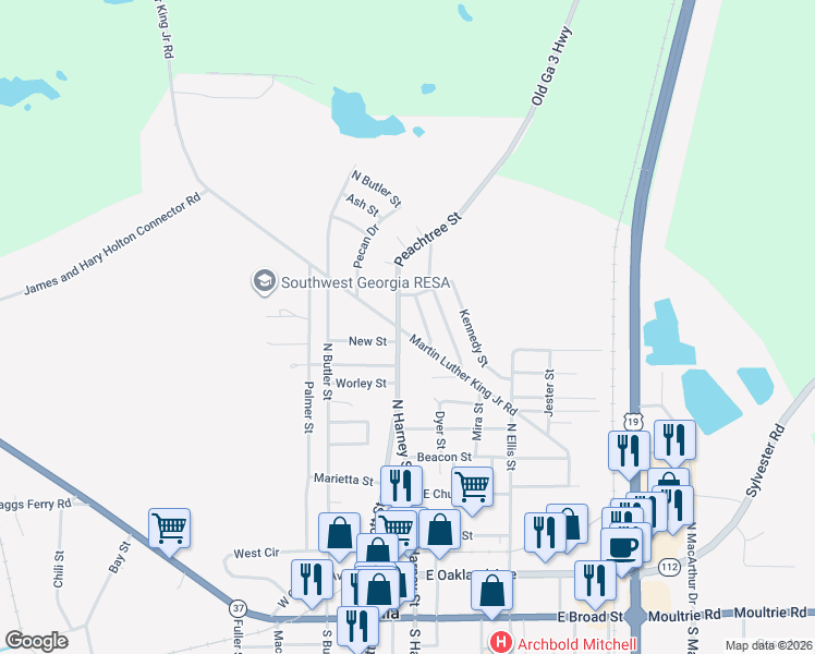 map of restaurants, bars, coffee shops, grocery stores, and more near 350 Martin Luther King Junior Road in Camilla
