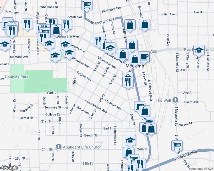 map of restaurants, bars, coffee shops, grocery stores, and more near 400-498 South 4th Street in McComb