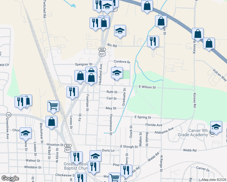 map of restaurants, bars, coffee shops, grocery stores, and more near 211 Ruth Street in Dothan