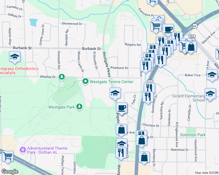 map of restaurants, bars, coffee shops, grocery stores, and more near 671 Westgate Parkway in Dothan