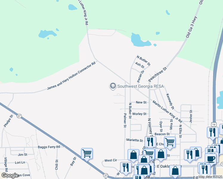 map of restaurants, bars, coffee shops, grocery stores, and more near 550 Martin Luther King Junior Road in Camilla