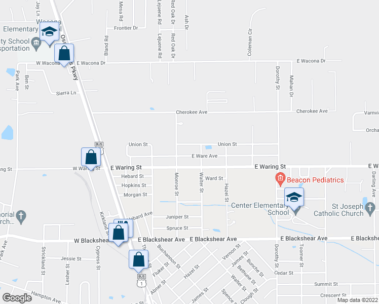 map of restaurants, bars, coffee shops, grocery stores, and more near 411 East Ware Avenue in Waycross