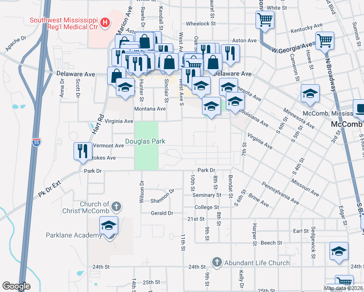 map of restaurants, bars, coffee shops, grocery stores, and more near 505 West Ave South in McComb