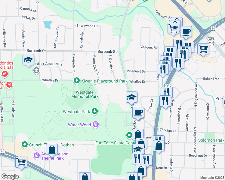 map of restaurants, bars, coffee shops, grocery stores, and more near 601 Whatley Drive in Dothan