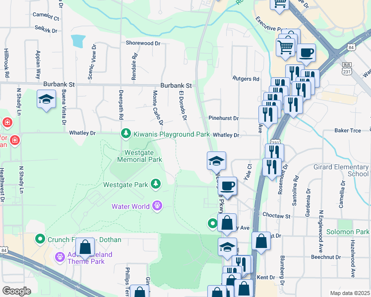 map of restaurants, bars, coffee shops, grocery stores, and more near 601 Whatley Drive in Dothan