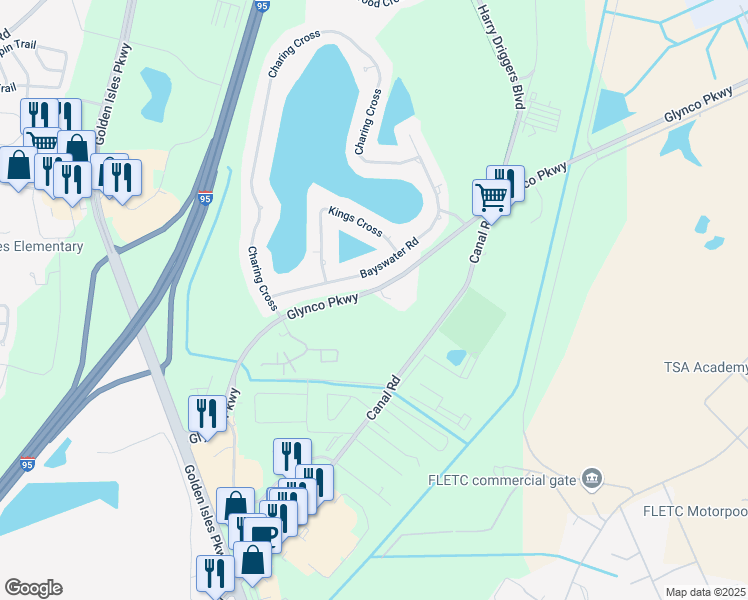 map of restaurants, bars, coffee shops, grocery stores, and more near 1500 Glynco Parkway in Brunswick
