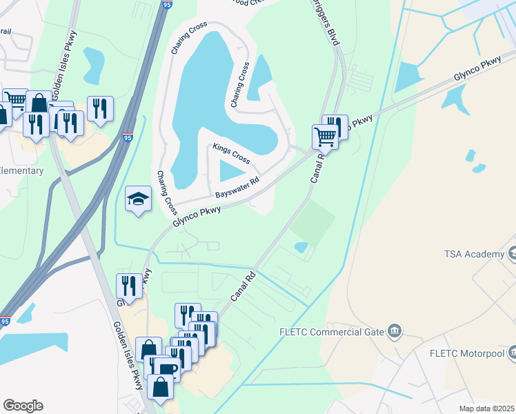 map of restaurants, bars, coffee shops, grocery stores, and more near 1550 Glynco Pkwy in Brunswick