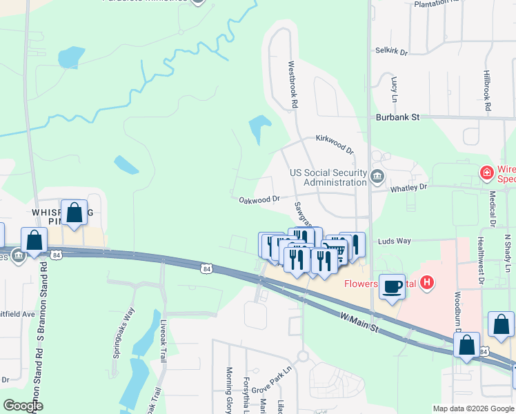 map of restaurants, bars, coffee shops, grocery stores, and more near 405 Oakwood Drive in Dothan