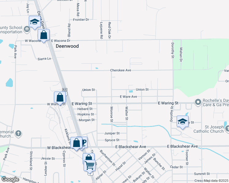 map of restaurants, bars, coffee shops, grocery stores, and more near 411 East Ware Avenue in Waycross