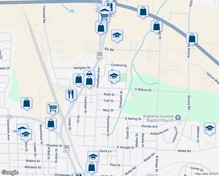 map of restaurants, bars, coffee shops, grocery stores, and more near 201 East Wilson Street in Dothan