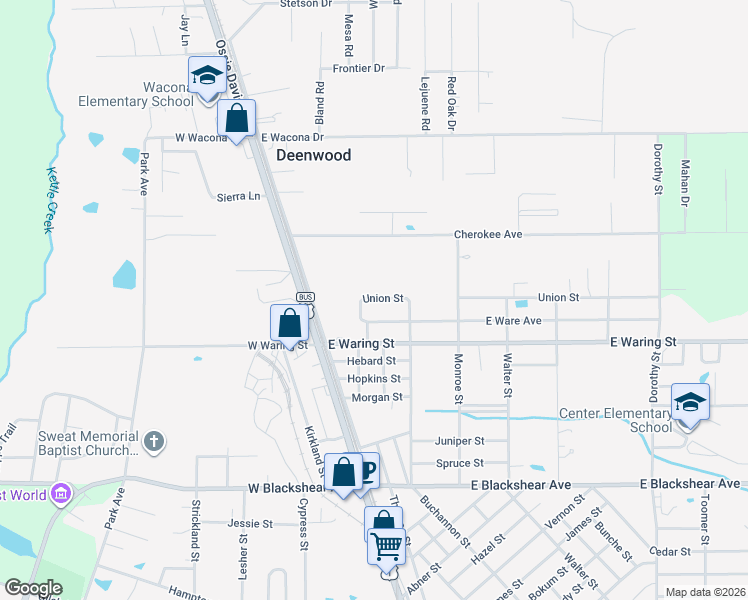 map of restaurants, bars, coffee shops, grocery stores, and more near 125 East Ware Avenue in Waycross