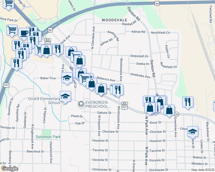 map of restaurants, bars, coffee shops, grocery stores, and more near 407 Gwaltney Drive in Dothan