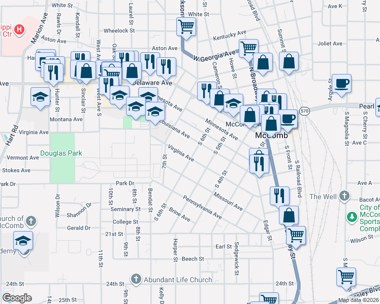 map of restaurants, bars, coffee shops, grocery stores, and more near 707 Virginia Avenue in McComb
