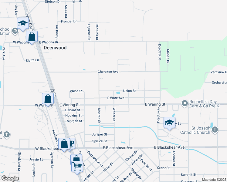 map of restaurants, bars, coffee shops, grocery stores, and more near 498 Union Street in Waycross