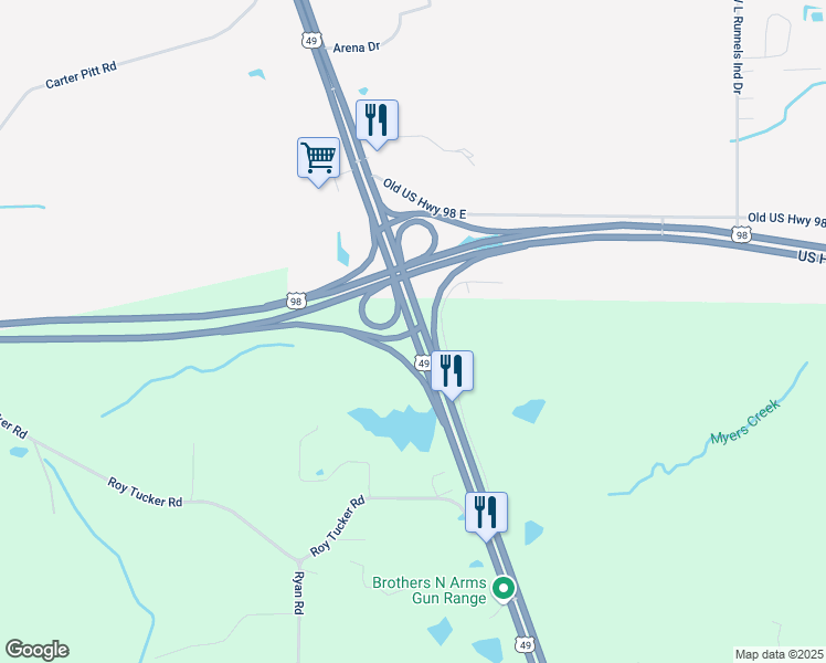 map of restaurants, bars, coffee shops, grocery stores, and more near U.S. 49 in Hattiesburg