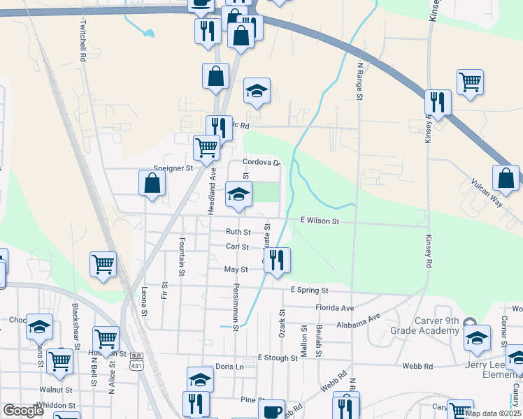 map of restaurants, bars, coffee shops, grocery stores, and more near 201 East Wilson Street in Dothan