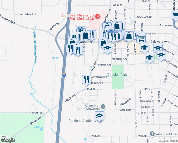 map of restaurants, bars, coffee shops, grocery stores, and more near 400-498 Hart Road in McComb