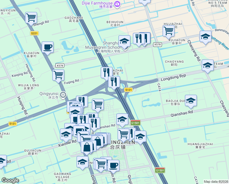 map of restaurants, bars, coffee shops, grocery stores, and more near G1501 Shanghai Ring Expressway in Shanghai