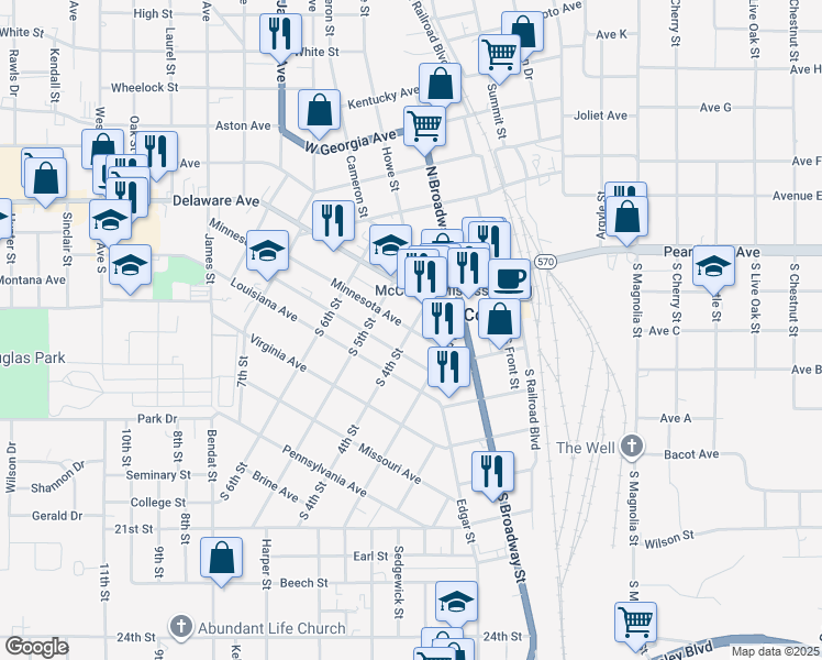 map of restaurants, bars, coffee shops, grocery stores, and more near 400 Minnesota Avenue in McComb