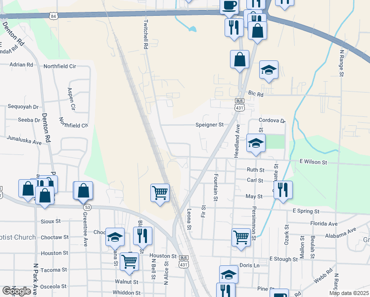 map of restaurants, bars, coffee shops, grocery stores, and more near 1413 Leona Street in Dothan