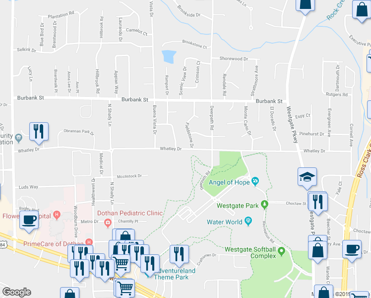 map of restaurants, bars, coffee shops, grocery stores, and more near 901 Whatley Drive in Dothan