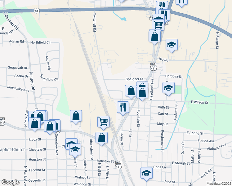 map of restaurants, bars, coffee shops, grocery stores, and more near 1413 Leona Street in Dothan