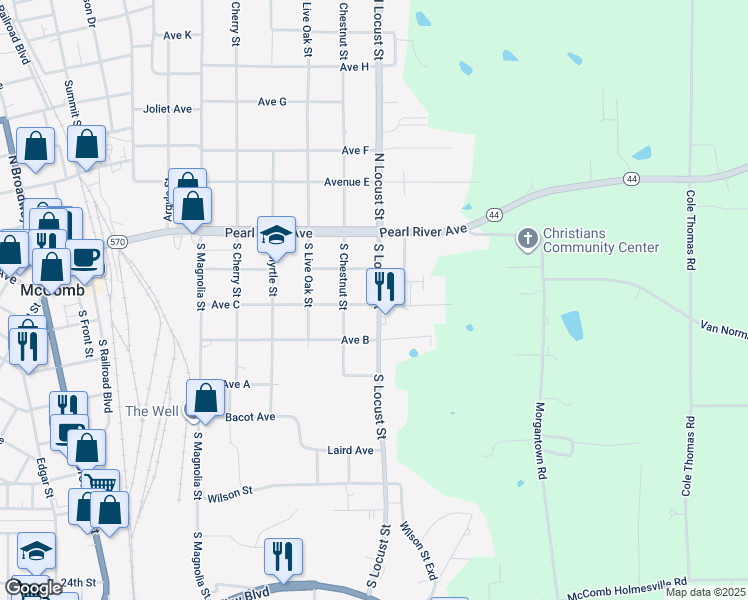 map of restaurants, bars, coffee shops, grocery stores, and more near 1031 Avenue C in McComb