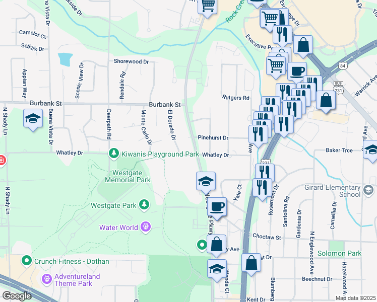 map of restaurants, bars, coffee shops, grocery stores, and more near 504 Whatley Drive in Dothan