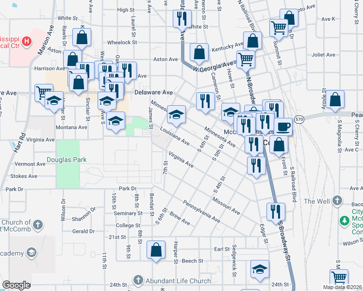 map of restaurants, bars, coffee shops, grocery stores, and more near 625 Louisiana Avenue in McComb