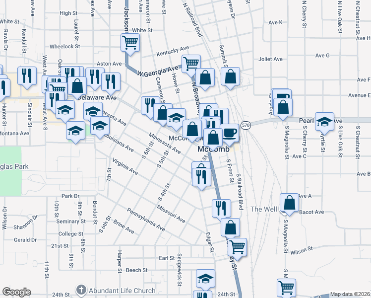 map of restaurants, bars, coffee shops, grocery stores, and more near 400-410 Minnesota Avenue in McComb