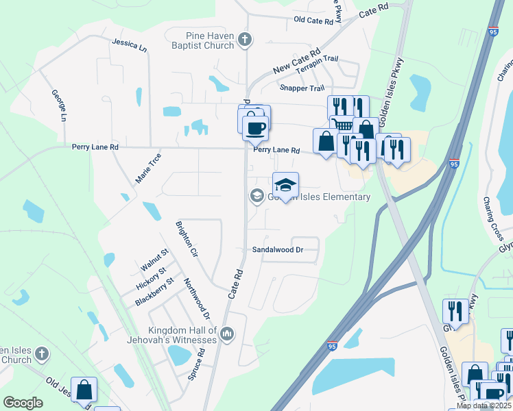 map of restaurants, bars, coffee shops, grocery stores, and more near 1350 Cate Road in Brunswick