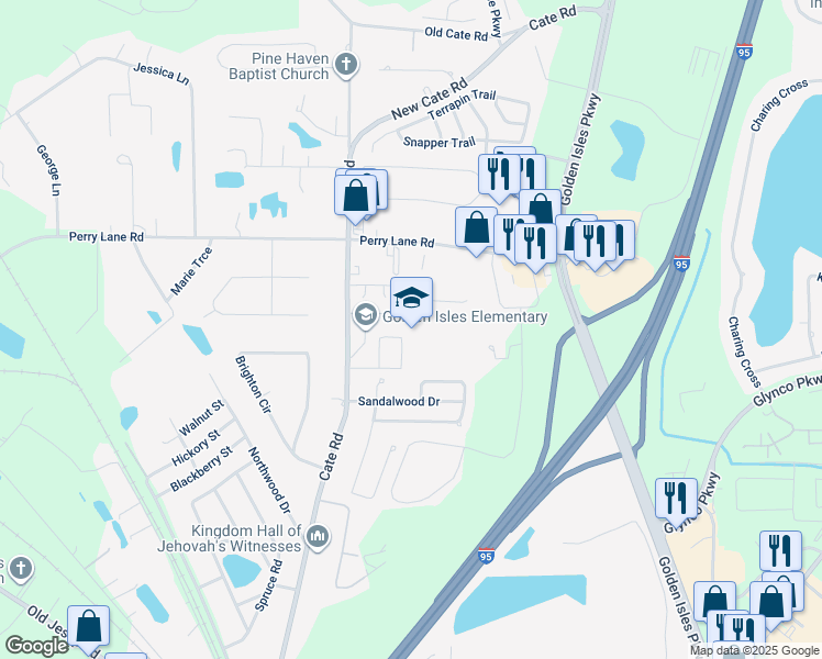 map of restaurants, bars, coffee shops, grocery stores, and more near 1350 Cate Road in Brunswick