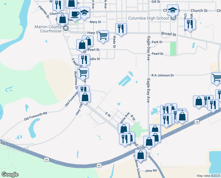 map of restaurants, bars, coffee shops, grocery stores, and more near 730 Mississippi Road in Columbia