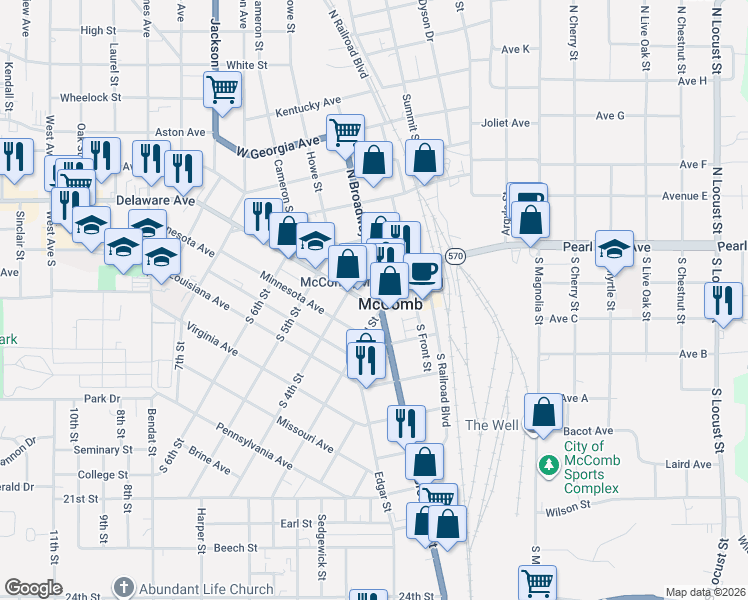 map of restaurants, bars, coffee shops, grocery stores, and more near 305 Delaware Avenue in McComb