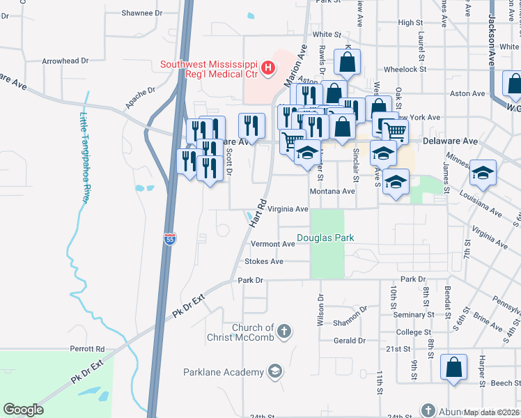 map of restaurants, bars, coffee shops, grocery stores, and more near 400 Hart Road in McComb