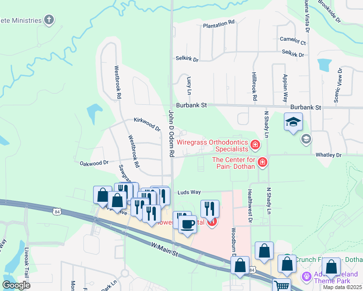 map of restaurants, bars, coffee shops, grocery stores, and more near 1752 Whatley Drive in Dothan