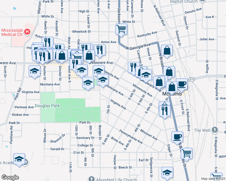 map of restaurants, bars, coffee shops, grocery stores, and more near 310 7th Street in McComb