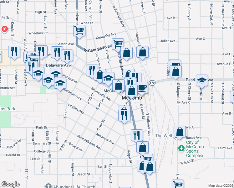 map of restaurants, bars, coffee shops, grocery stores, and more near 403 Delaware Avenue in McComb