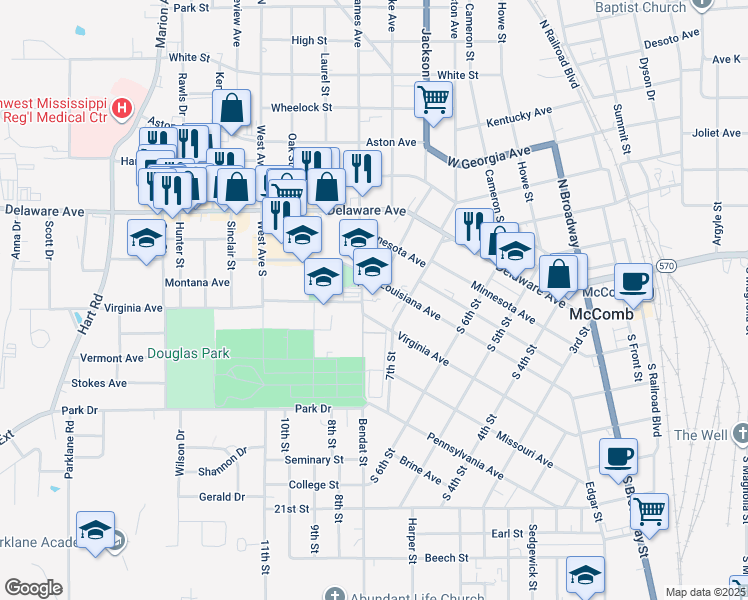 map of restaurants, bars, coffee shops, grocery stores, and more near 310 7th Street in McComb