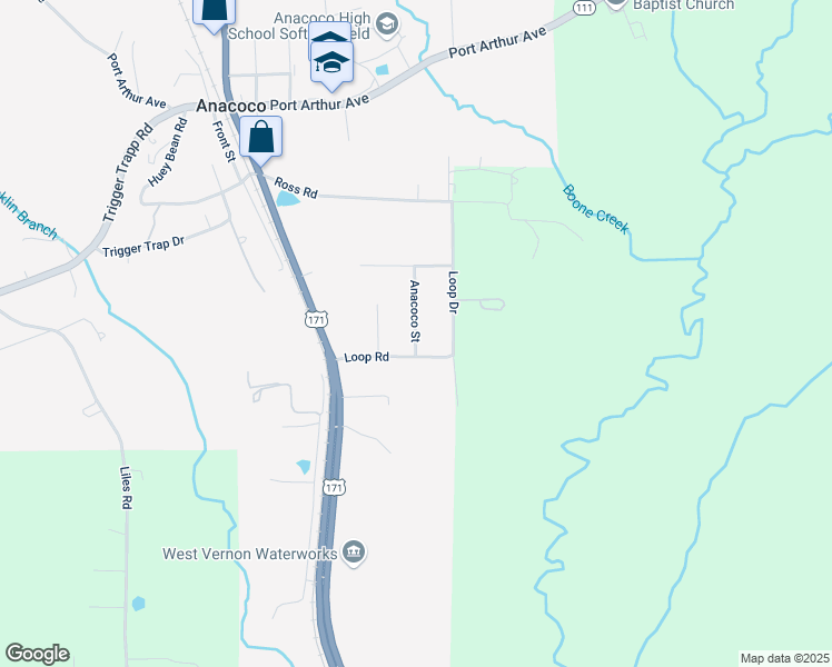 map of restaurants, bars, coffee shops, grocery stores, and more near Anacoco Street in Anacoco
