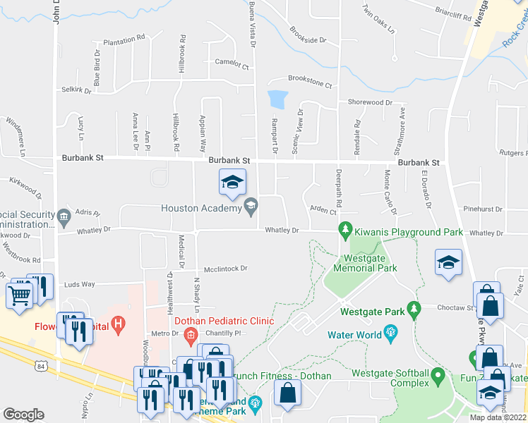 map of restaurants, bars, coffee shops, grocery stores, and more near 904 Buena Vista Drive in Dothan