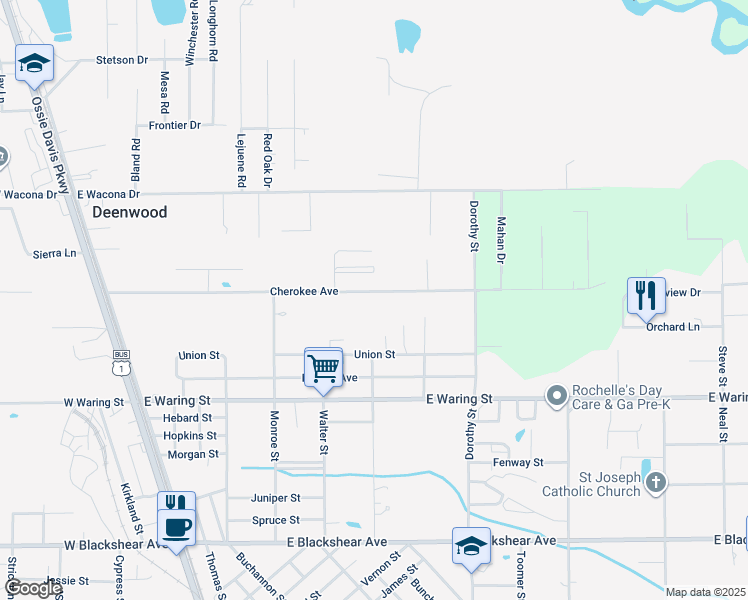 map of restaurants, bars, coffee shops, grocery stores, and more near 560 Cherokee Avenue in Waycross